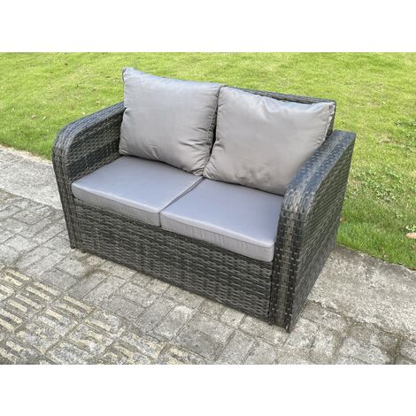 Fimous Dark Grey PE Wicker Rattan Garden Furniture Set Love Sofa 2 Seater Sofa Set Outdoor Rectangular Coffee Table 4 Seater