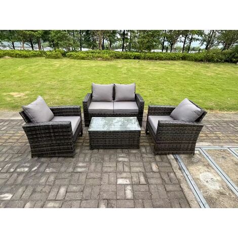 Fimous 4 Seater Grey Mixed High Back Rattan Sofa Set Rectangular Coffee Table Garden Furniture Outdoor Patio (1/5)