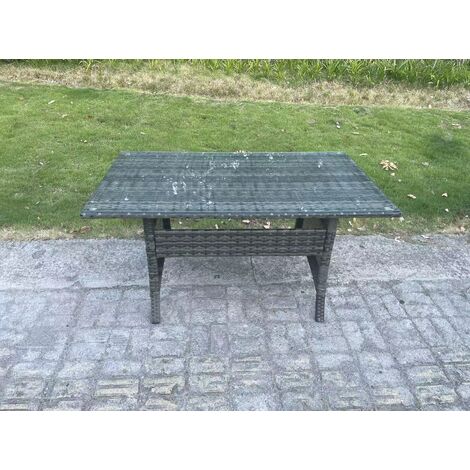 Fimous 9 Seater Outdoor Wicker Garden Furniture Rattan Lounge Sofa Set Patio Rectangular Dining Table Three Seater Sofa Dark Grey Mixed