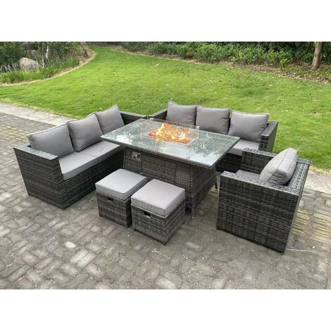 Fimous Rattan Garden Furniture Sofa Set Outdoor Patio Gas Fire Pit Dining Table Gas Heater Burner With Armchair 2 Small Stools 9 Seater Dark Grey Mixed (1/5)