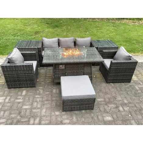 Fimous 6 Seater Outdoor PE Rattan Garden Furniture Set Gas Fire Pit Dining Table Gas Heater Burner With 2 Armchairs 2 Side Tables Big Footstool Dark Grey Mixed (1/5)
