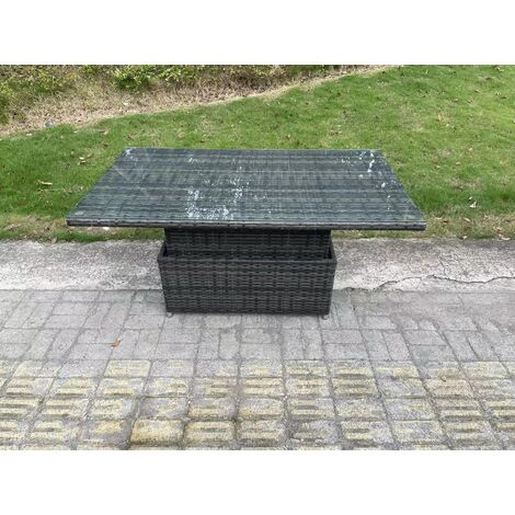 Fimous Wicker PE Rattan Garden Furniture Sofa Set Outdoor Adjustable Rising Lifting Dining Table Set with Armchairs 2 Side Tables 3 Footstools 8 Seater Dark Grey Mixed