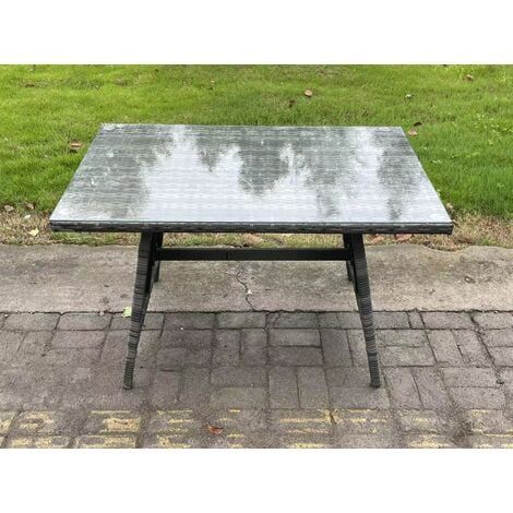 Fimous Wicker Rattan Outdoor Furniture Lounge Sofa Garden Dining Set with Dining Table 2 Side Tables Big Footstool Armchairs 9 Seater Dark Grey Mixed