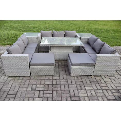 Fimous 11 Seater PE Rattan Garden Funiture Set Outdoor Height Adjustable Rising Lifting Table Sofa Dining Set with 2 Side Tables 2 Big Footstools