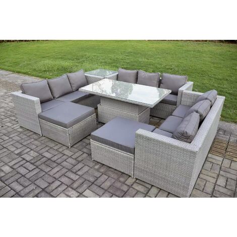 Fimous 11 Seater Outdoor PE Rattan Garden Funiture Set Height Adjustable Rising Lifting Table Sofa Dining Set with Side Table 2 Big Footstools