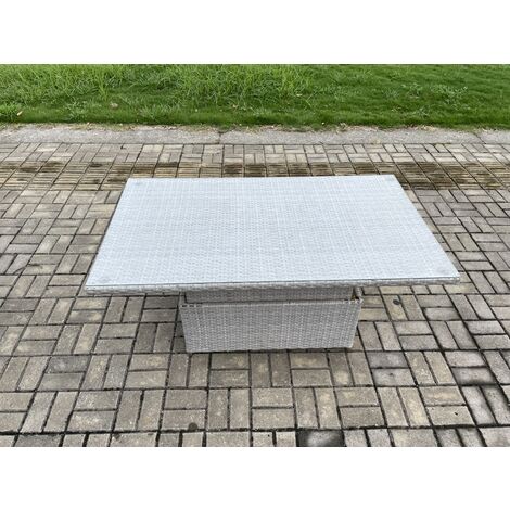 Fimous Outdoor Rattan Garden Funiture Set Height Adjustable Rising Lifting Table Sofa Dining Set with Big Footstool