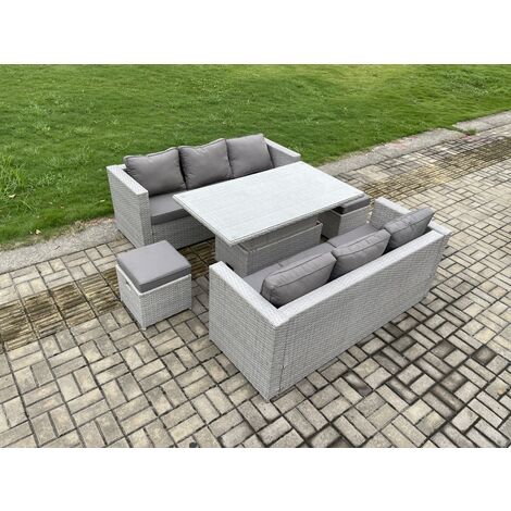 Fimous Outdoor Rattan Garden Funiture Set Height Adjustable Rising Lifting Table Sofa Dining Set with 2 Small Footstools (1/5)