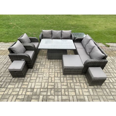 Fimous Wicker PE Rattan Outdoor Garden Furniture Sets Height Adjustable Rising lifting DiningTable Sofa Set with Reclining Chair Side Table 3 Footstools Dark Grey Mixed (1/5)