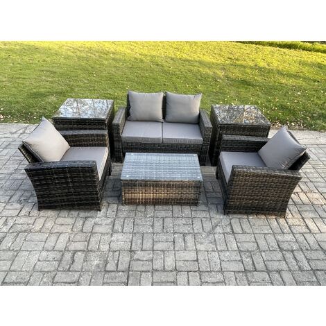 Fimous Outdoor Lounge Sofa Set Wicker PE Rattan Garden Furniture Set with Rectangular Coffee Table Double Seat Sofa 2 Side Tables Dark Grey Mixed (1/5)