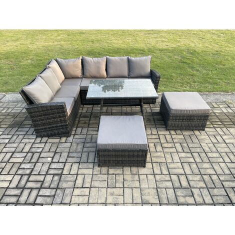 Fimous High Back Outdoor Garden Furniture Set Rattan Corner Sofa Dining Table Set With 2 Big Footstool 8 Seater Dark Grey Mixed (1/5)