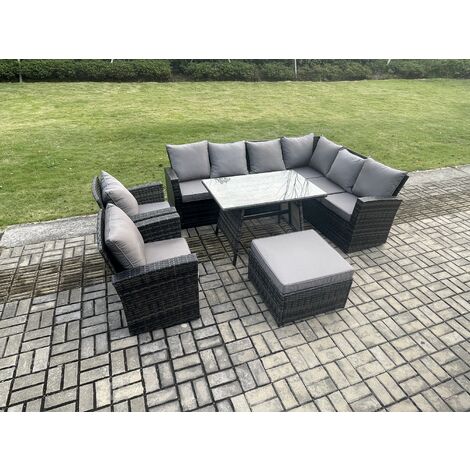 Fimous High Back Outdoor Garden Furniture Set Rattan Corner Sofa Dining Table Set With 2 Armchairs Big Footstool 9 Seater Dark Grey Mixed (1/5)