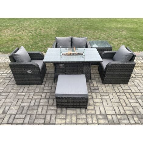 Fimous Rattan Outdoor Garden Furniture Set Gas Fire Pit Dining Table ...