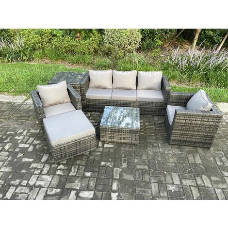 Fimous 6 Seater Outdoor Lounge Sofa Set Wicker PE Rattan Garden Furniture Set with Armchair Square Coffee Table Big Footstool Dark Grey Mixed (1/5)