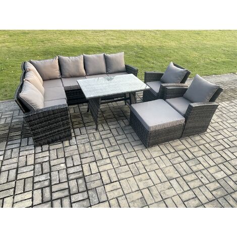 Fimous High Back Outdoor Garden Furniture Set Rattan Corner Sofa Dining Table Set With Big Footstool Armchair Dark Grey Mixed (1/5)