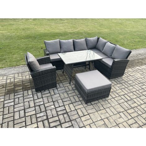 Fimous High Back Outdoor Garden Furniture Set Rattan Corner Sofa Dining Table Set With Armchair Big Footstool 8 Seater Dark Grey Mixed (1/5)