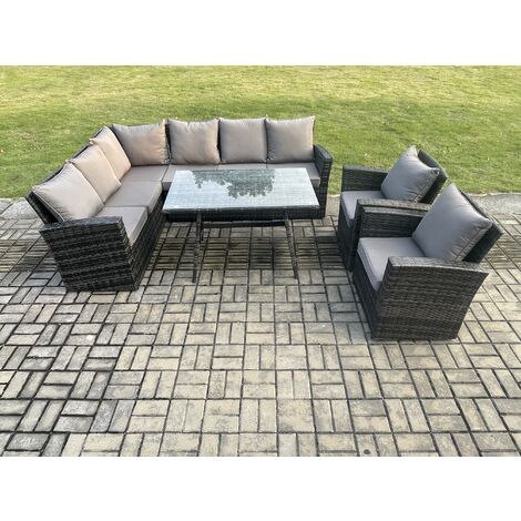 Fimous High Back Outdoor Garden Furniture Set Rattan Corner Sofa Dining Table Set With 2 Armchairs 8 Seater Dark Grey Mixed