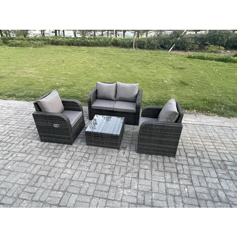 Fimous Wicker PE Rattan Garden Furniture Set Outdoor Lounge Sofa Set with Love Sofa Square Coffee Table Dark Grey Mixed
