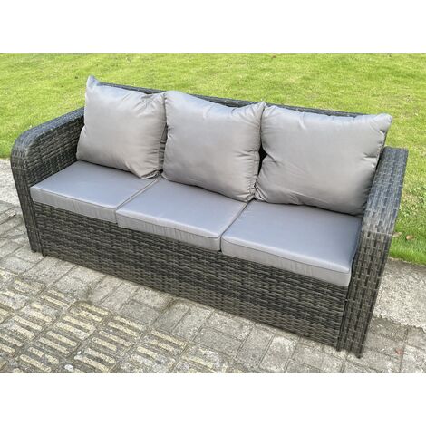 Fimous Patio Garden Dining Set Outdoor Rattan Furniture Lounge Sofa Height Adjustable Rising lifting Table With 2 Side Tables Dark Grey Mixed
