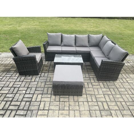 Fimous 8 Seater High Back Outdoor Garden Furniture Set Rattan Corner Sofa Set With Rectangular Coffee Table Big Footstool Armchair Dark Grey Mixed (1/5)