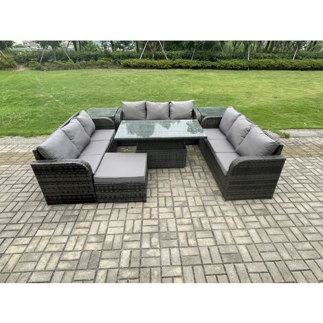 Fimous Patio Garden Dining Set Outdoor Rattan Furniture Lounge Sofa Height Adjustable Rising lifting Table With 2 Side Tables Big Footstool Dark Grey Mixed