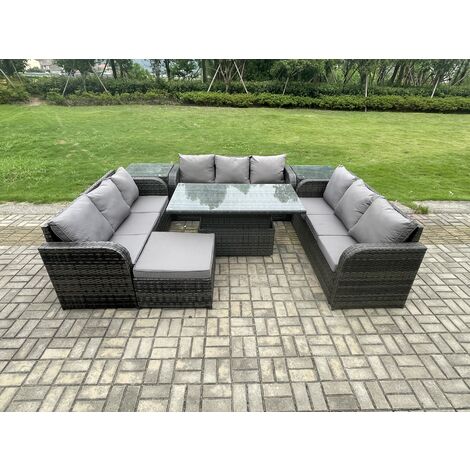 Fimous Patio Garden Dining Set Outdoor Rattan Furniture Lounge Sofa Height Adjustable Rising lifting Table With 2 Side Tables Big Footstool Dark Grey Mixed