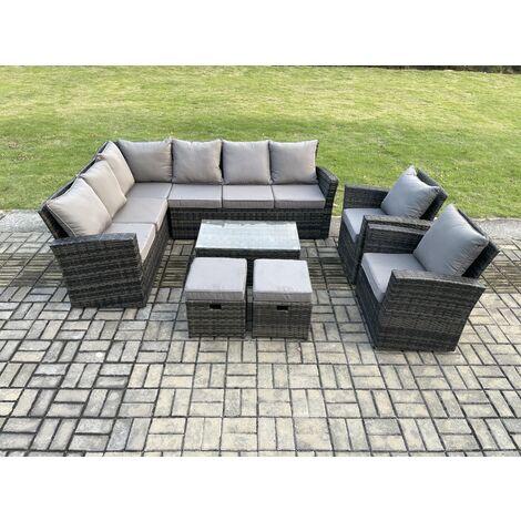 Fimous 10 Seater High Back Outdoor Garden Furniture Set Rattan Corner Sofa Set With Rectangular Coffee Table 2 Small Footstools 2 Armchairs Dark Grey Mixed (1/5)