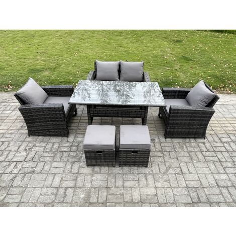 Fimous 6 Seater PE Wicker Outdoor Garden Furniture Set Patio Furniture Rattan Rectangular Dining Table Lounge Sofa with 2 Small Footstools (1/5)