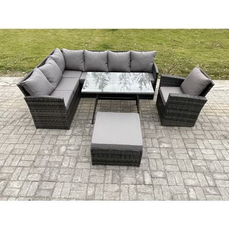 Fimous Rattan Garden Furniture Corner Sofa Set with Oblong Dining Table Big Footstool Armchair Outdoor Wicker Rattan Set Dark Grey Mixed (1/5)