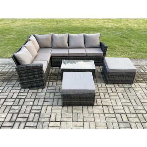 Fimous 8 Seater High Back Outdoor Garden Furniture Set Rattan Corner Sofa Set With Rectangular Coffee Table 2 Big Footstool Dark Grey Mixed (1/5)