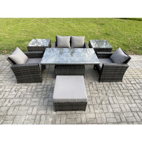 Fimous Outdoor Garden Dining Sets 5 Seater Rattan Patio Furniture Sofa Set with Rising Lifting Table 2 Side Tables Big Footstool Dark Grey Mixed
