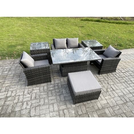 Fimous Outdoor Garden Dining Sets 5 Seater Rattan Patio Furniture Sofa Set with Rising Lifting Table 2 Side Tables Big Footstool Dark Grey Mixed