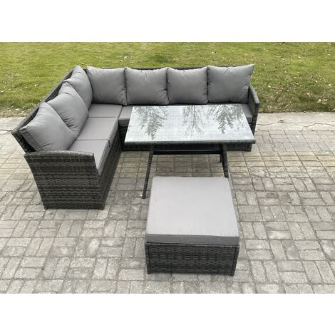Fimous Rattan Garden Furniture Corner Sofa Set with Oblong Dining Table Big Footstool Outdoor Wicker Rattan Set Dark Grey Mixed (1/5)
