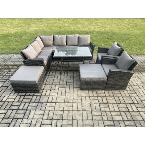 Fimous High Back Outdoor Garden Furniture Set Rattan Corner Sofa Dining Table Set With 2 Big Footstool 2 Armchairs Dark Grey Mixed (1/5)
