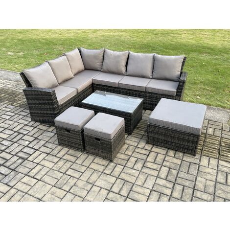 Fimous 9 Seater High Back Outdoor Garden Furniture Set Rattan Corner Sofa Set With Rectangular Coffee Table 3 Footstools Dark Grey Mixed (1/5)