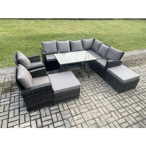 Fimous High Back Outdoor Garden Furniture Set Rattan Corner Sofa Dining Table Set With 2 Armchairs 2 Big Footstool 10 Seater Dark Grey Mixed (1/5)