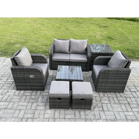 Fimous Wicker PE Rattan Garden Furniture Set Outdoor Lounge Sofa Set with Love Sofa Square Coffee Table Side Table 2 Small Footstool Dark Grey Mixed (1/5)