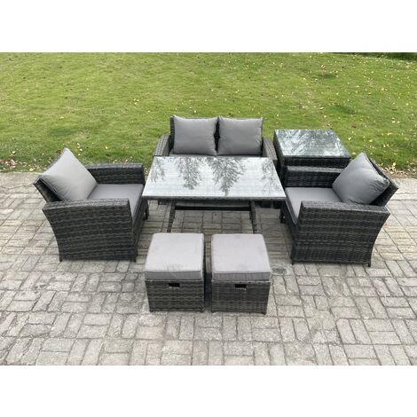 Fimous 6 Seater Outdoor Garden Furniture High Back Rattan Sofa Dining Table Set with SideTable 2 Small Footstools Dark Grey Mixed (1/5)