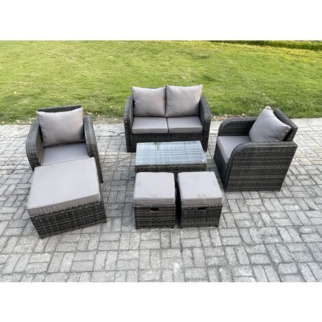 Fimous Wicker PE Rattan Outdoor Furniture Set Garden Love Sofa Coffee Table 2 Armchair 3 Footstools Dark Grey Mixed (1/5)