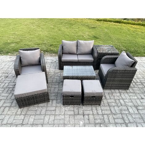 Fimous Wicker PE Rattan Outdoor Furniture Set Garden Love Sofa Coffee Table 2 Armchair 3 Footstools Side Table Dark Grey Mixed (1/5)