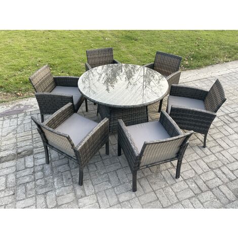 Fimous Wicker PE Outdoor Rattan Garden Furniture Arm Chair And Table Dining Sets 6 Seater Large Round Table Dark Grey Mixed