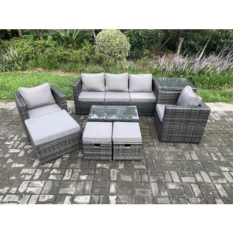 Fimous Outdoor Rattan Garden Furniture Set with 3 Seater Sofa Coffee Table Side Table 2 Armchairs 3 Footstools Patio Lounge Sofa Set Dark Grey Mixed (1/5)