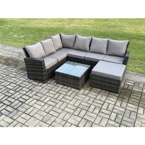Fimous Rattan Garden Furniture Set Outdoor Lounge Corner Sofa Set With Square Coffee Table Big Footstool 7 Seater Dark Grey Mixed (1/5)