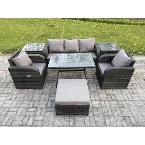 Fimous 6 Seater Rattan Wicker Garden Furniture Patio Conservatory Sofa Set with Rectangular Dining Table Reclining Chair 3 Seater Sofa Big Footstool 2 Side Tables (1/5)
