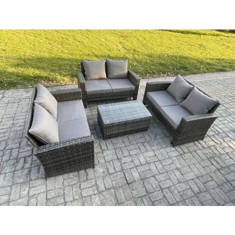 Fimous Dark Grey 6 Seater Outdoor Rattan Garden Furniture Set Patio Love Sofa Rectangular Coffee Table Set