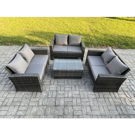 Fimous Dark Grey 6 Seater Outdoor Rattan Garden Furniture Set Patio Love Sofa Rectangular Coffee Table Set