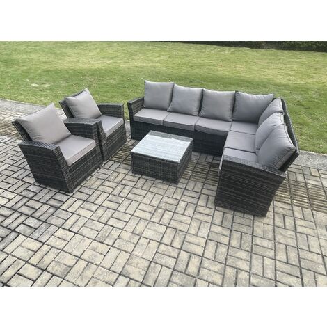 Fimous Rattan Garden Furniture Set Outdoor Lounge Corner Sofa Set With Square Coffee Table 2 Chairs 8 Seater Dark Grey Mixed (1/5)