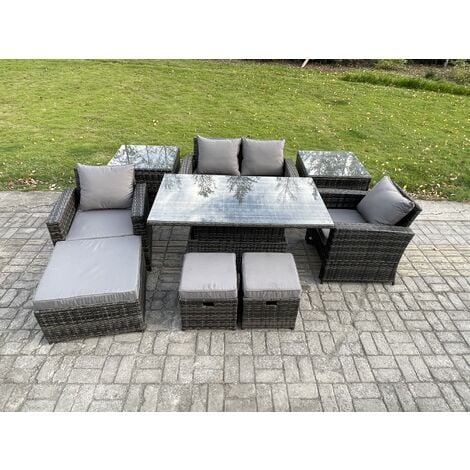 Fimous High Back Rattan Garden Furniture Sofa Sets with Height Adjustable Rising Lifting Table 2 Side Tables 3 Footstools Dark Grey Mixed