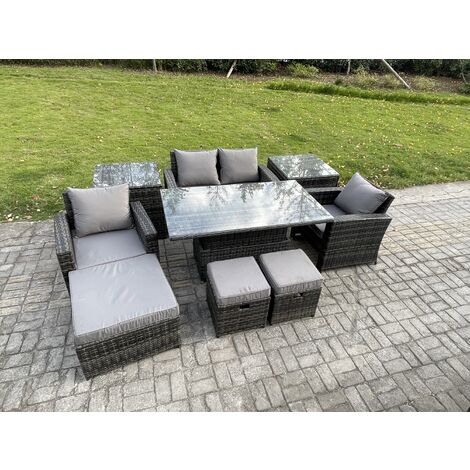 Fimous High Back Rattan Garden Furniture Sofa Sets with Height Adjustable Rising Lifting Table 2 Side Tables 3 Footstools Dark Grey Mixed