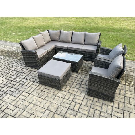 Fimous 9 Seater High Back Outdoor Garden Furniture Set Rattan Corner Sofa Set With Rectangular Coffee Table Big Footstool 2 Armchairs Dark Grey Mixed (1/5)