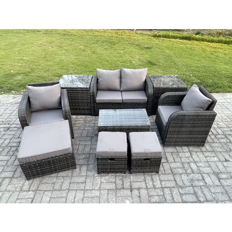 Fimous Wicker PE Rattan Outdoor Furniture Set Garden Love Sofa Coffee Table 2 Armchair 3 Footstools 2 Side Tables Dark Grey Mixed (1/5)